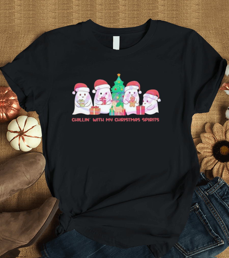 Chillin' With My Christmas Spirits Santa Hat Ghosts and Gifts T-Shirt