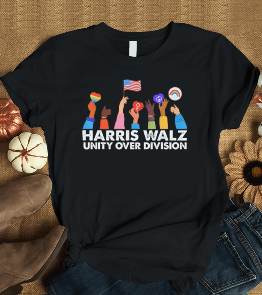 Harris Walz Unity Over Division Hands with Flags and Symbols T-Shirt
