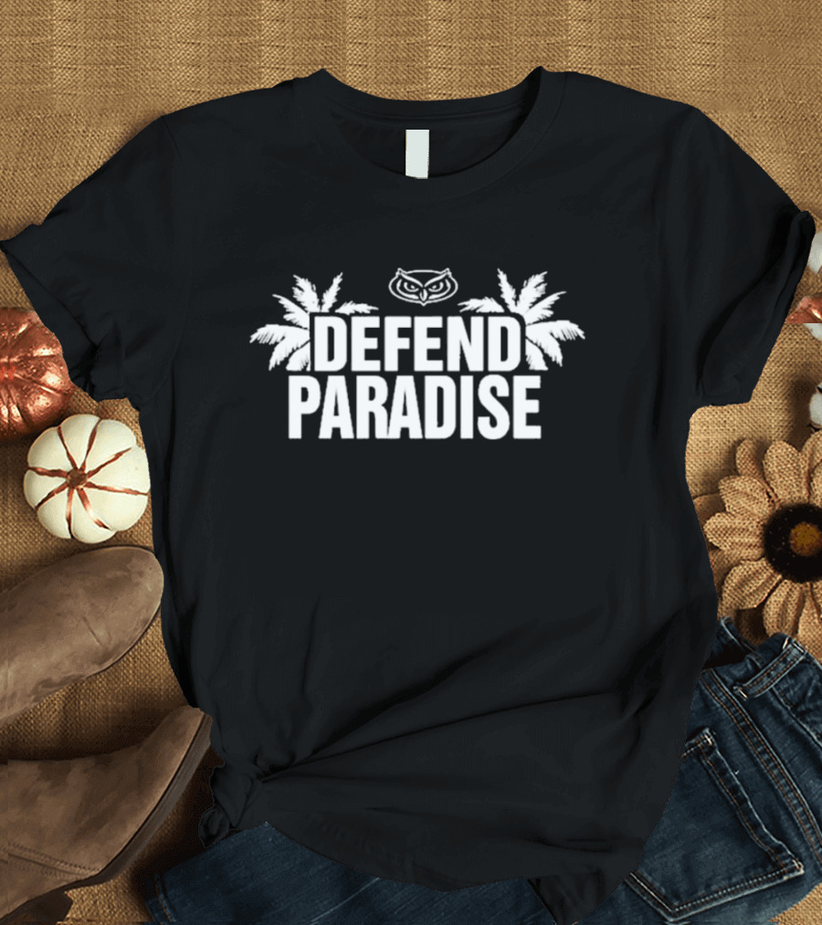 Defend Paradise Florida Atlantic Owl Logo Palm Trees T-Shirt