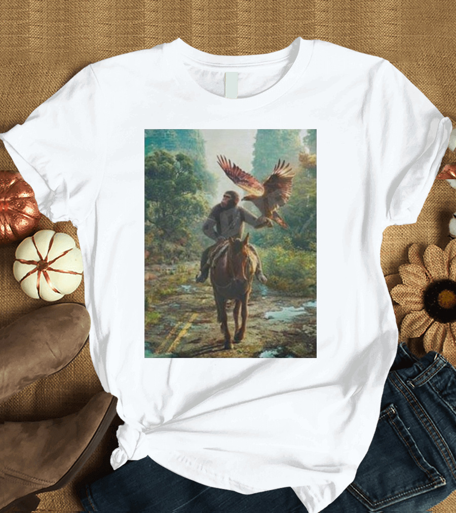 Coming Soon Kingdom of the Planet of the Apes Movie 2024 Forest Path with Ape on Horse and Soaring Eagle T-Shirt