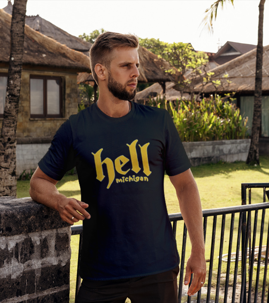 Hell Michigan Yellow Gothic Text T-Shirt