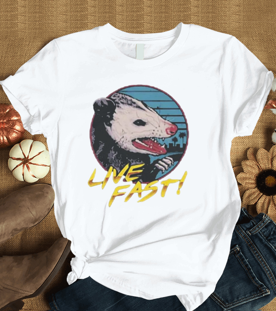 Live Fast Hiss Possum City Skyline T-Shirt