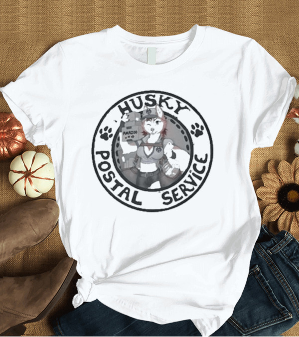 T-Shirt: Husky Postal Service Paw Print Circle with Uniformed Mascot Holding Packages T-Shirt Husky Postal Service Paw Print Circle with Uniformed Mascot Holding Packages T-Shirt
