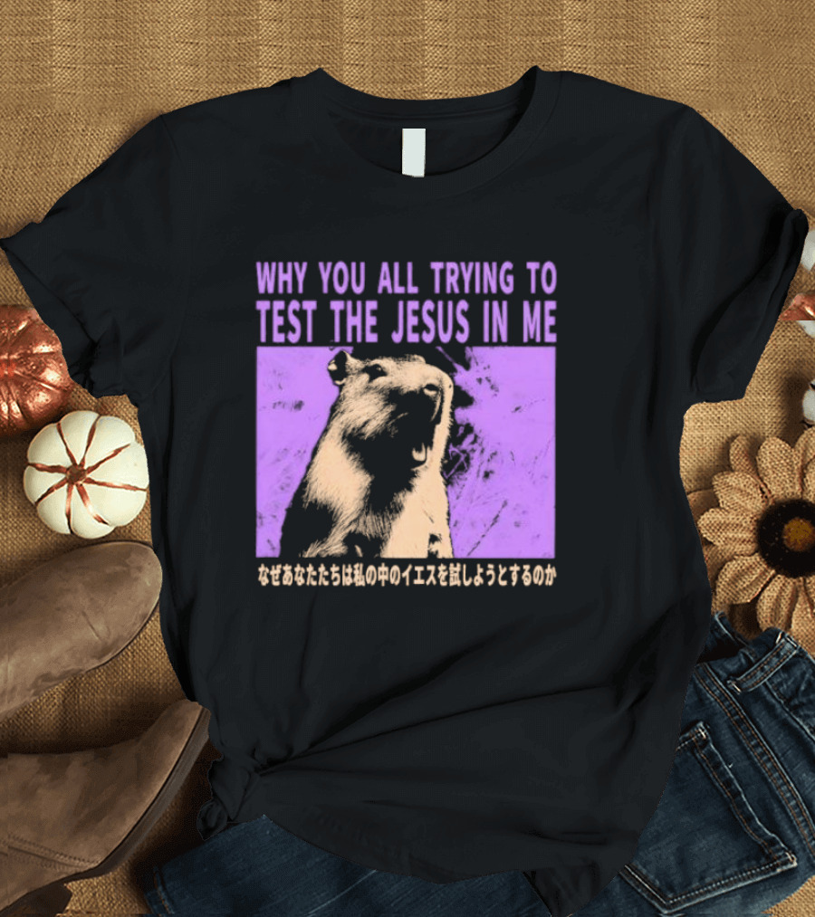 Why You All Trying To Test The Jesus In Me Capybara Japanese Text T-Shirt