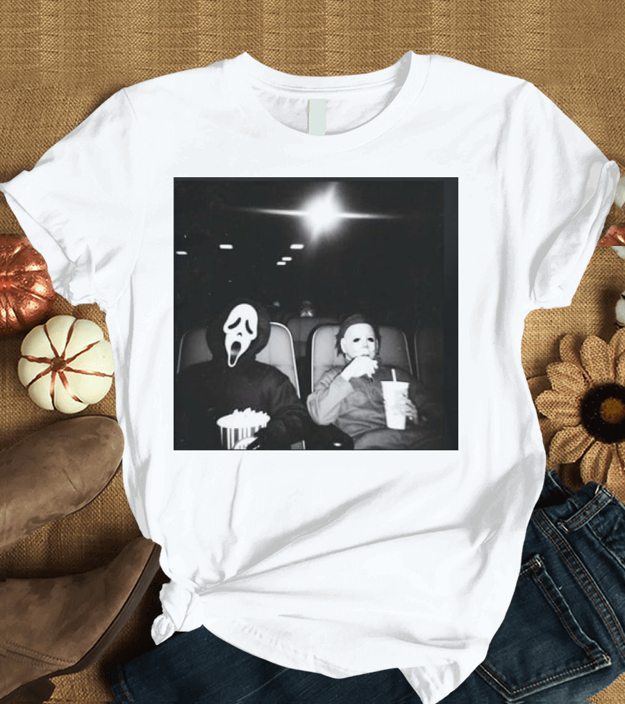 Ghostface and Michael Myers at the Movies Vintage Halloween Scene T-Shirt