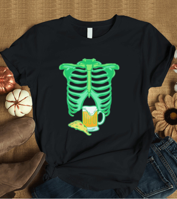 T-Shirt: Halloween Skeleton Xray Rib Cage with Beer and Pizza T-Shirt Halloween Skeleton Xray Rib Cage with Beer and Pizza T-Shirt