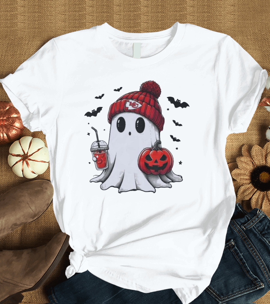Kansas City Chiefs Spooky Season Halloween Ghost with Pumpkin and Drink T-Shirt