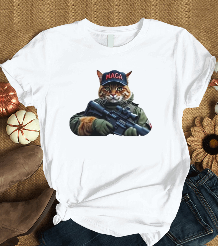 Trump 2024 Armed Cat MAGA Hat Patriotic Feline T-Shirt