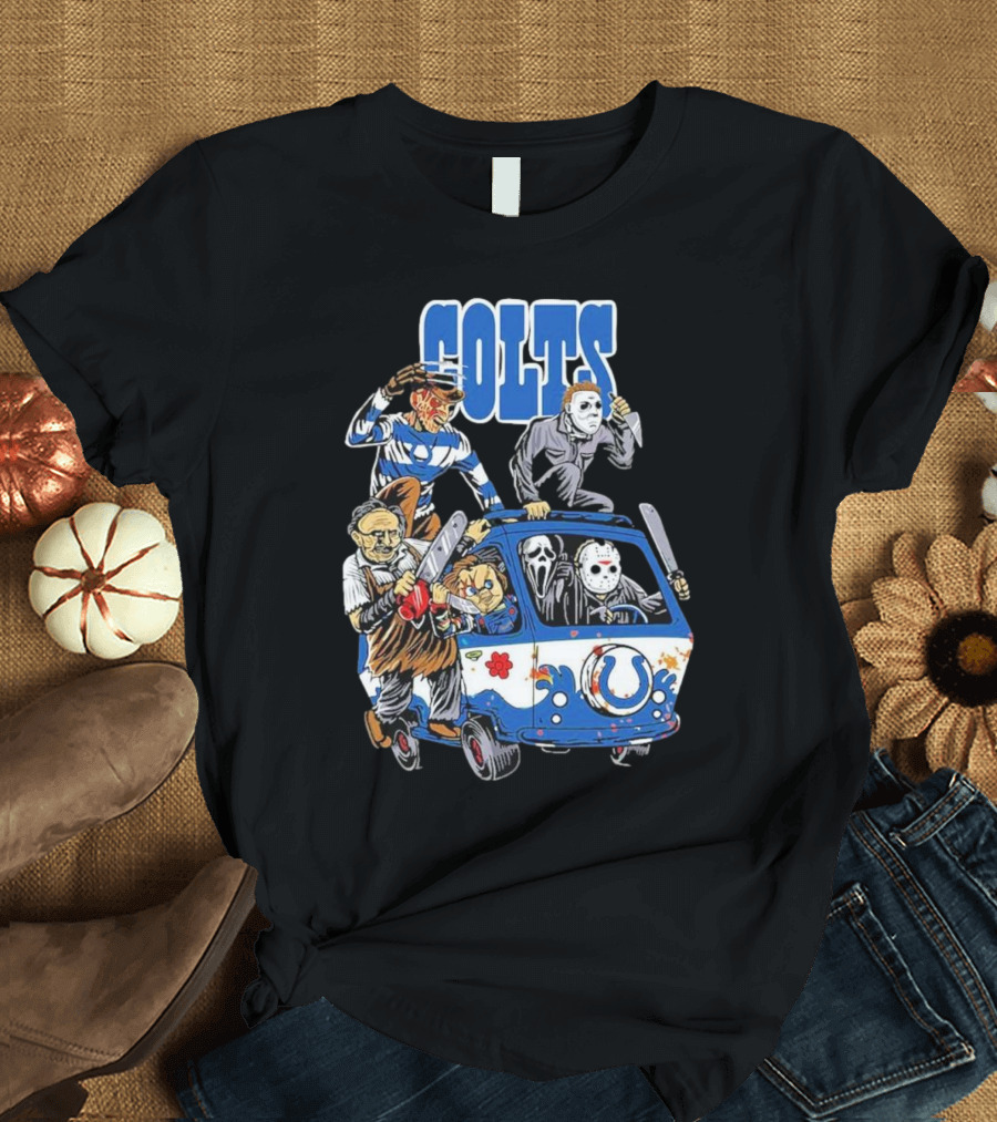 Colts NFL Halloween Horror Movie Characters Hippie Van T-Shirt