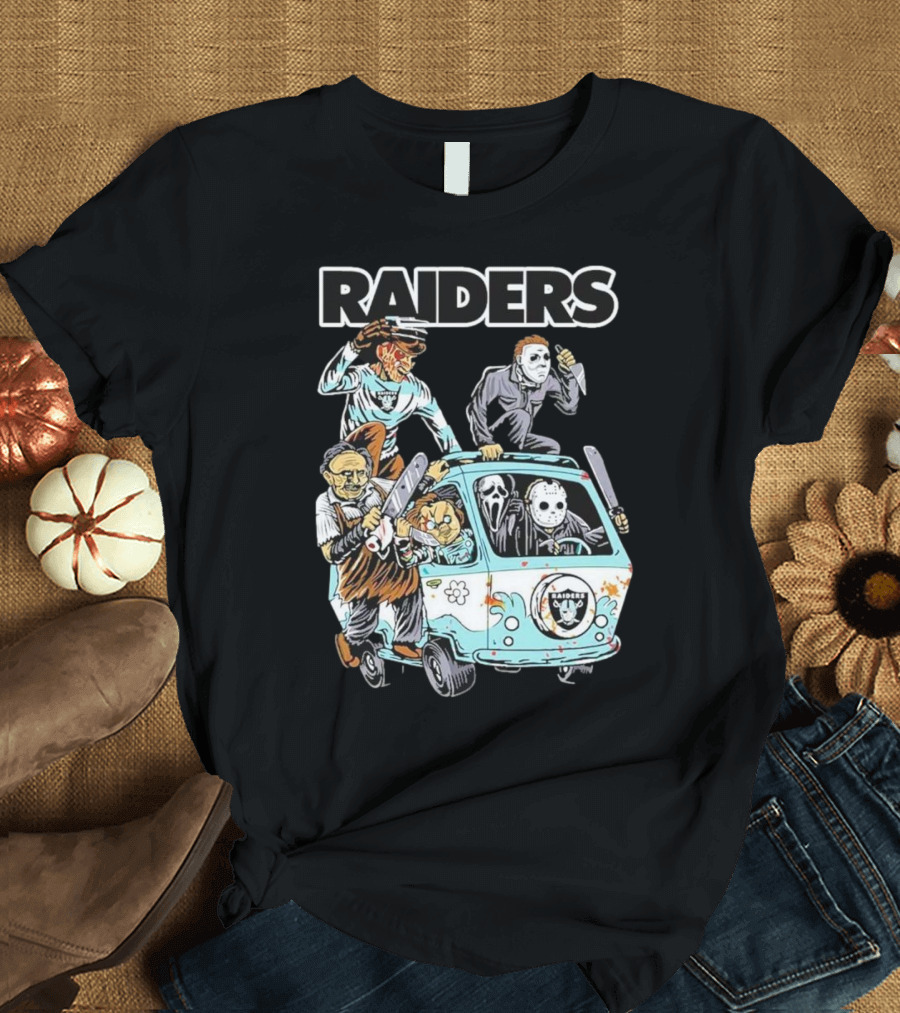 Las Vegas Raiders NFL Iconic Horror Characters in Hippie Van Halloween T-Shirt