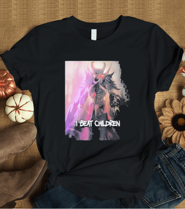 T-Shirt: Kassadin I Beat Children Text Featuring Dark Mysterious Armored Character with Glowing Accents T-Shirt Kassadin I Beat Children Text Featuring Dark Mysterious Armored Character with Glowing Accents T-Shirt