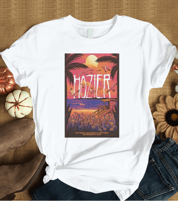 T-Shirt: Hozier September 20 2024 Kia Forum Los Angeles CA Sunset Beach Scene T-Shirt Hozier September 20 2024 Kia Forum Los Angeles CA Sunset Beach Scene T-Shirt