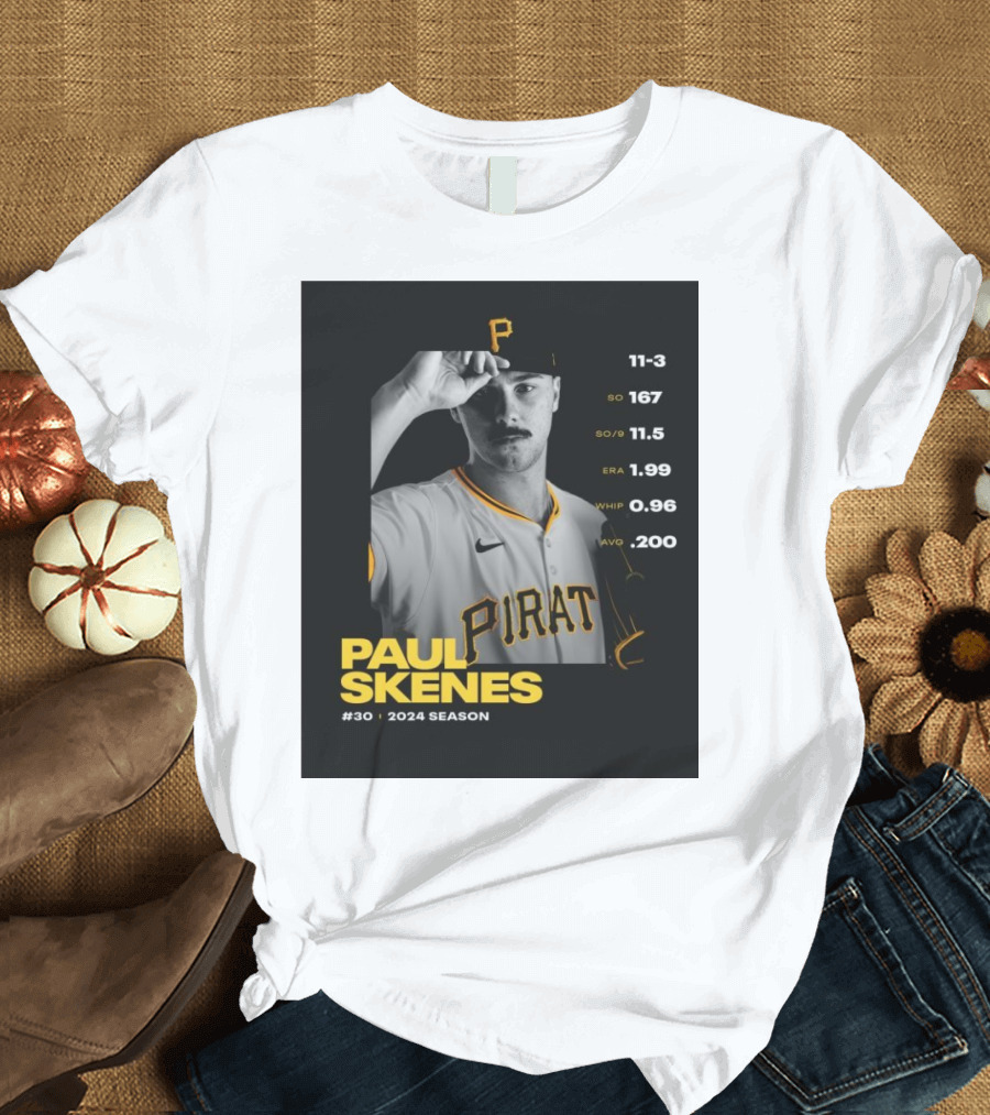Paul Skenes Pittsburgh Pirates 2024 Season ERA 1.99 WHIP 0.96 SO/9 11.5 AVG .200 T-Shirt