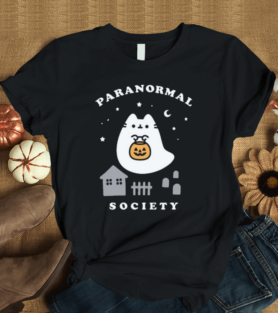 Boosheen Paranormal Society Halloween Cat with Pumpkin Moon and Stars T-Shirt