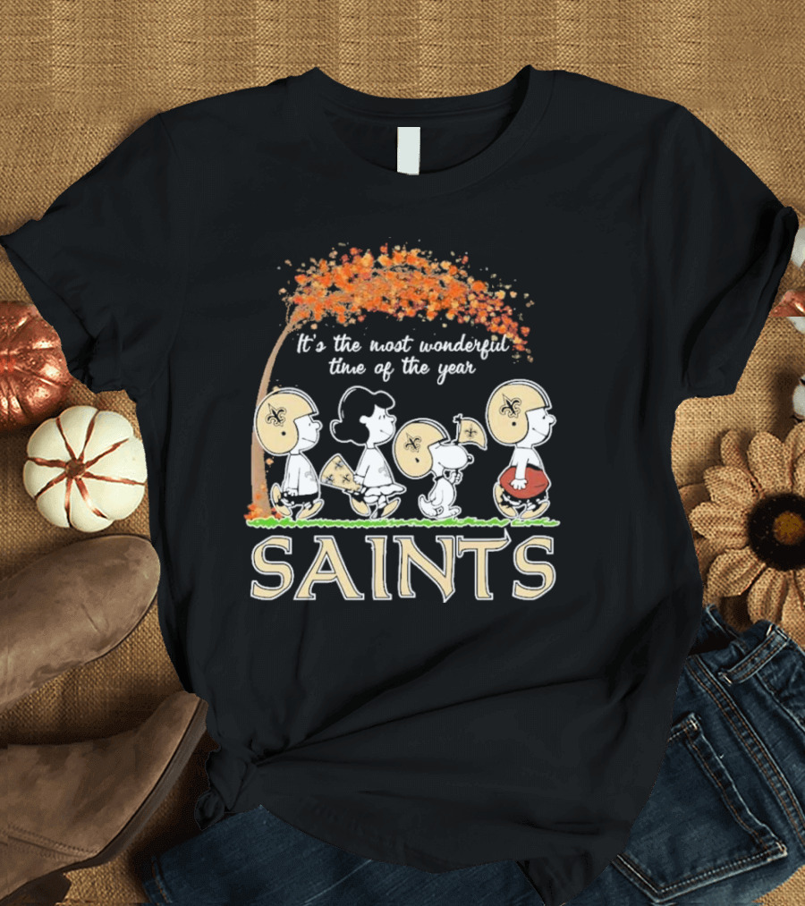It’s The Most Wonderful Time Of The Year Peanuts Characters New Orleans Saints Football Autumn Leaves T-Shirt