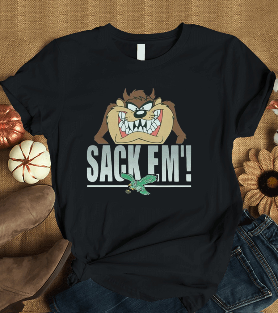Looney Tunes Taz Sack Em’ x Philadelphia Eagles NFL 2024 Slogan featuring Taz and Eagles T-Shirt