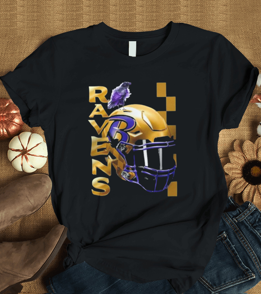 Ravens Gold Helmet With Purple B And Crow T-Shirt