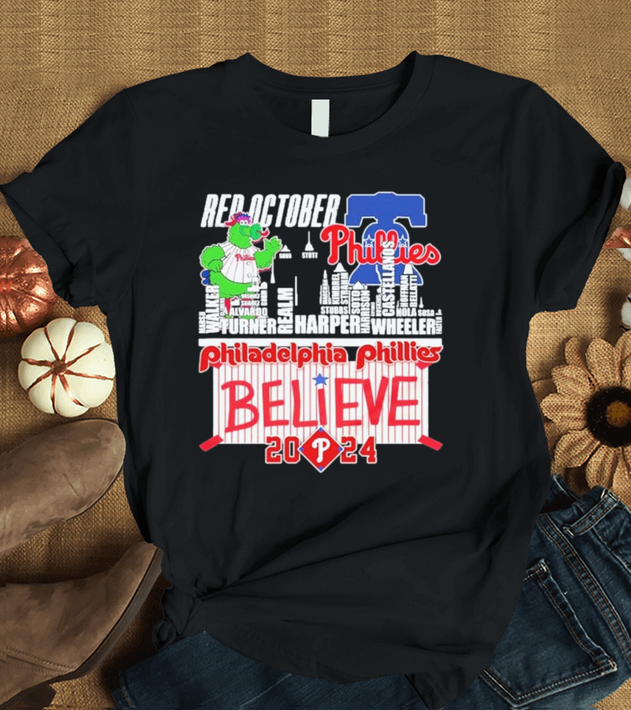 Red October Philadelphia Phillies Believe Phanatic 2024 Harper Wheeler Stadium Skyline T-Shirt