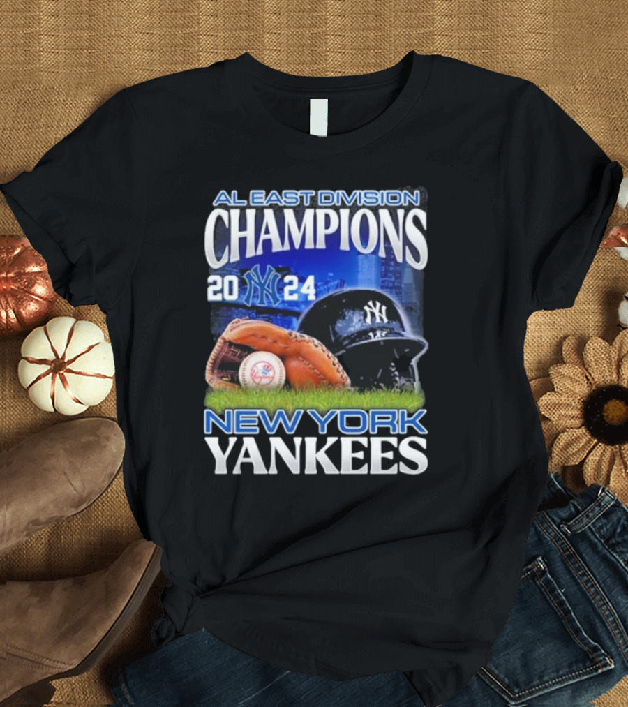 AL East Division Champions 2024 New York Yankees Yankees Helmet Baseball Glove Ball T-Shirt