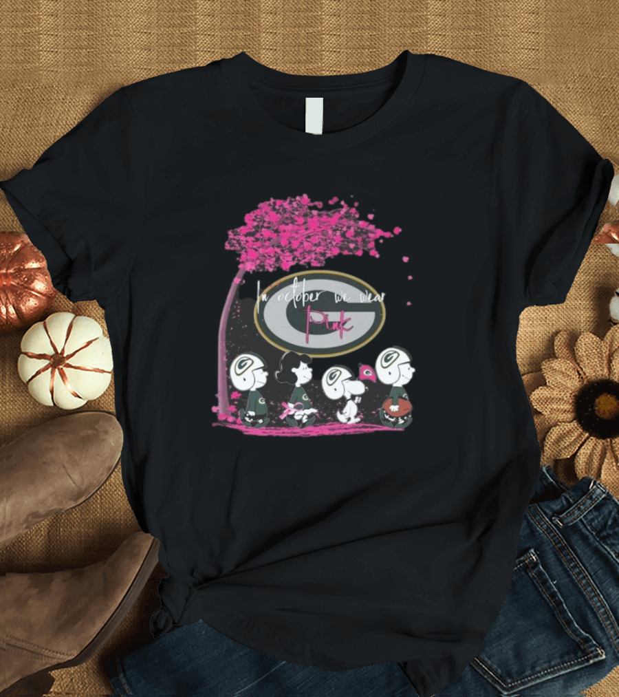 Peanuts Characters Green Bay Packers In October We Wear Pink 2024 Breast Cancer Awareness T-Shirt