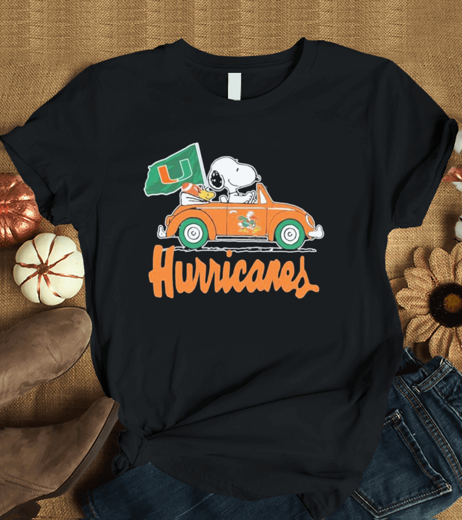 Peanuts Snoopy Woodstock Miami Hurricanes Car Driving with Flag T-Shirt