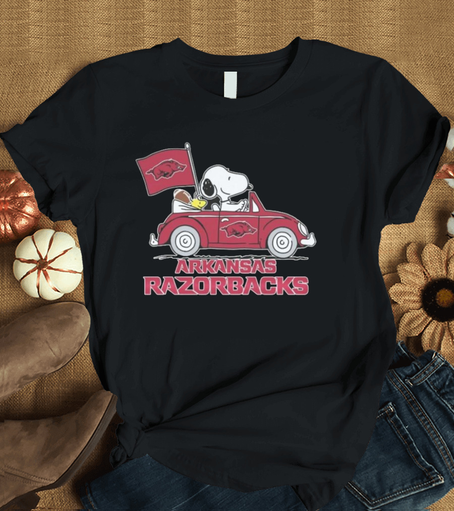 Snoopy and Woodstock Driving Car with Arkansas Razorbacks Flag T-Shirt