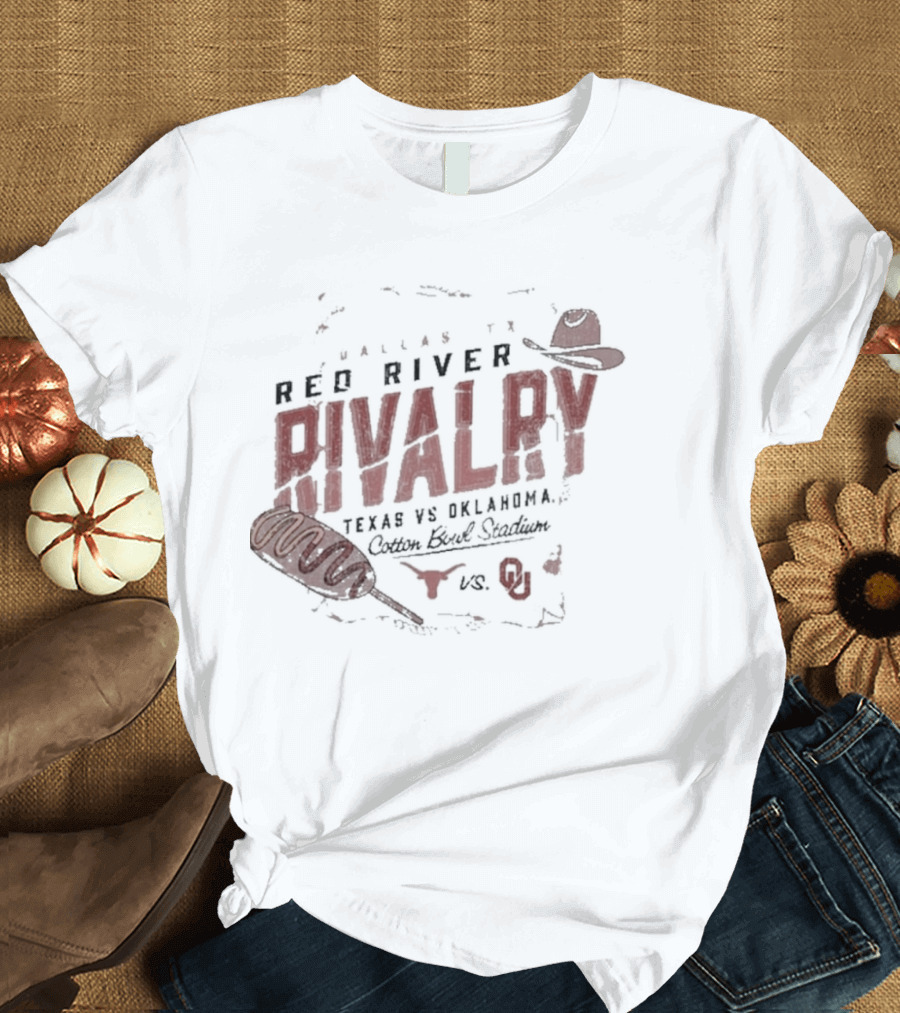 Dallas TX Red River Rivalry Texas vs Oklahoma Cotton Bowl Stadium Corn Dog Match Up Texas Longhorns vs Oklahoma Sooners T-Shirt