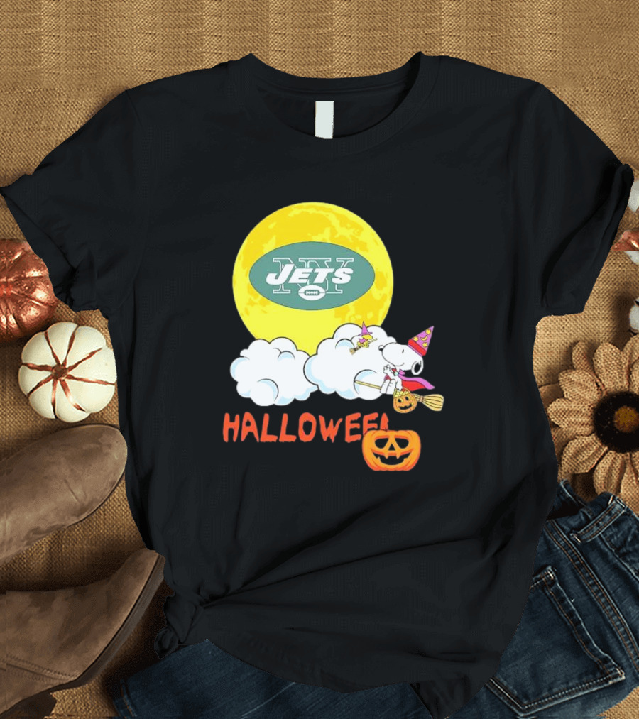 Snoopy Jets NFL Halloween 2024 Moon Pumpkin Clouds T-Shirt