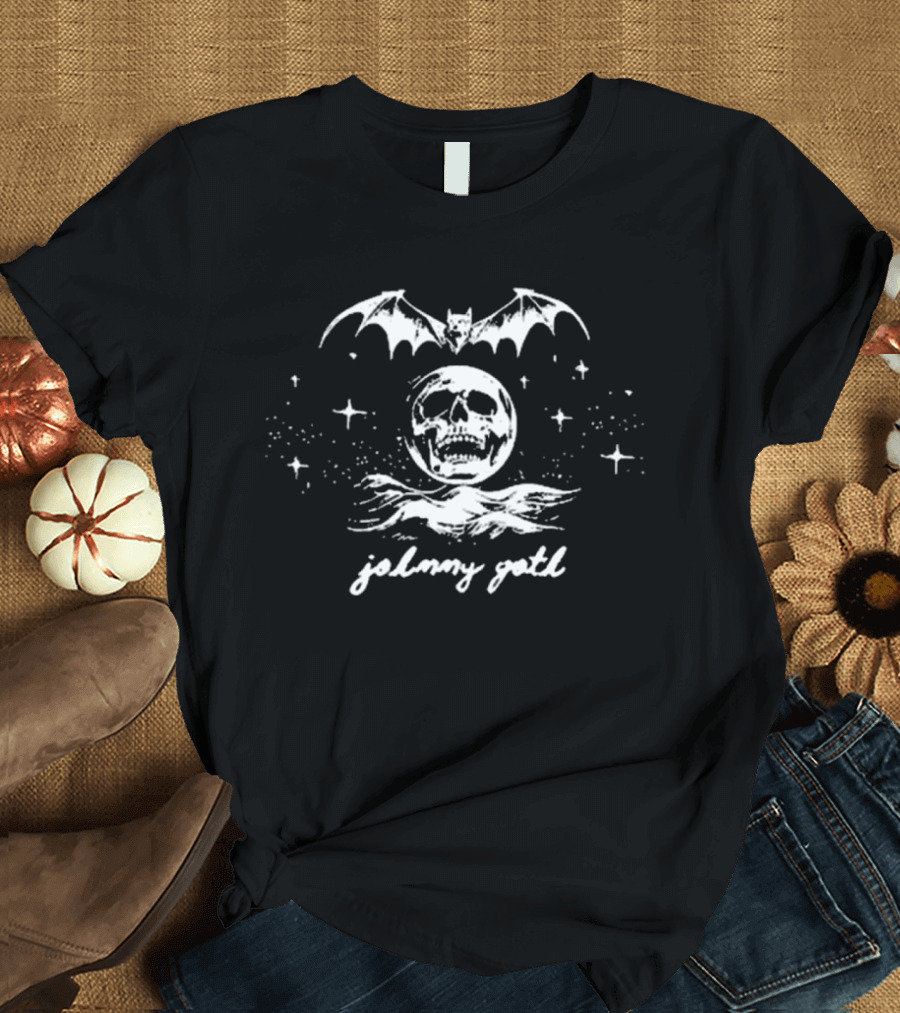 Johnny Goth Skull Moon Bat Stars White T-Shirt