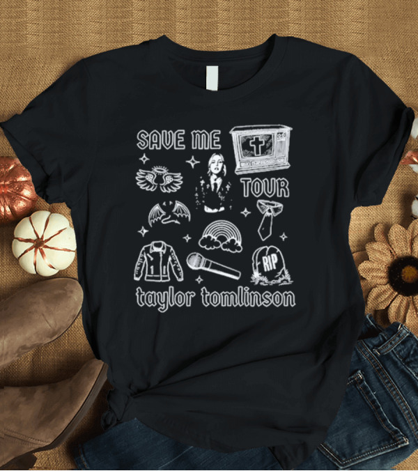 T-Shirt: Taylor Tomlinson Save Me Tour with Iconic Symbols T-Shirt Taylor Tomlinson Save Me Tour with Iconic Symbols T-Shirt