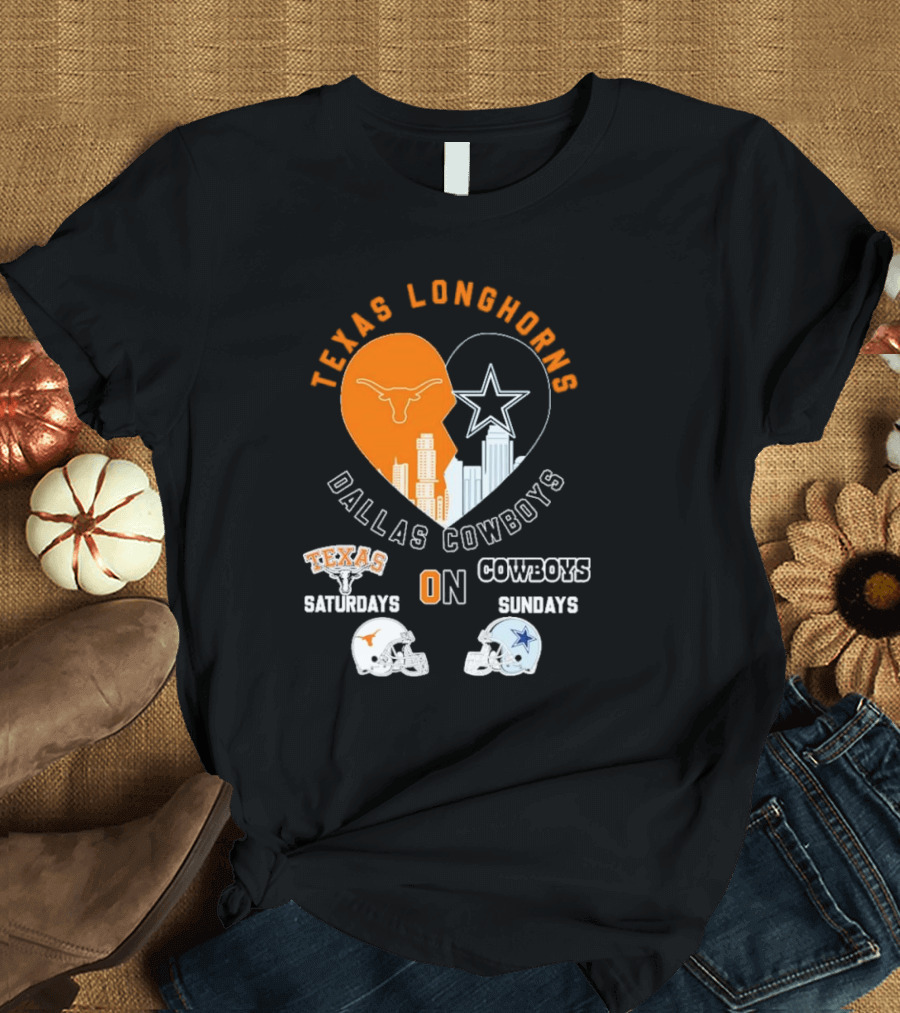 Texas Longhorns Dallas Cowboys Heart Skyline Saturdays Sundays Football Helmets T-Shirt