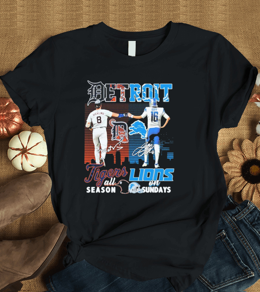 Detroit Tigers All Season X Detroit Lions On Sundays Detroit Tigers Lions Logos Sports Icons Collaboration T-Shirt