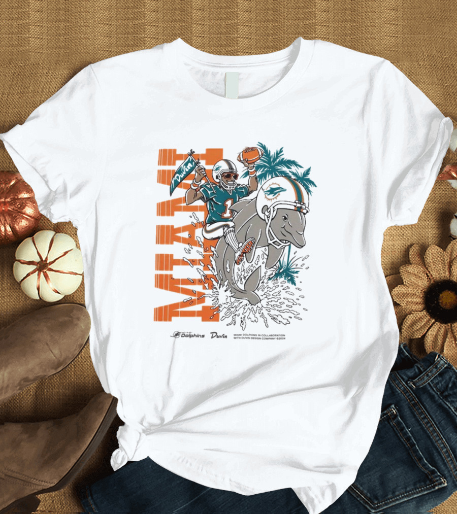 Duvin x Miami Dolphins Miami Flippin' Time with Dolphins Football and Palm Trees T-Shirt