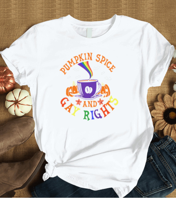 T-Shirt: Pumpkin Spice and Gay Rights Rainbow Coffee Cup with Pumpkins and Bats T-Shirt Pumpkin Spice and Gay Rights Rainbow Coffee Cup with Pumpkins and Bats T-Shirt