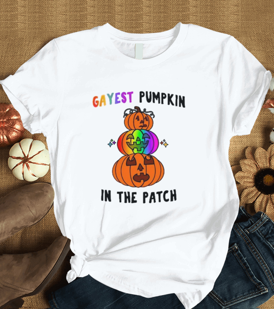 Gayest Rainbow Pumpkin In The Patch Stacked Jack-O-Lanterns T-Shirt