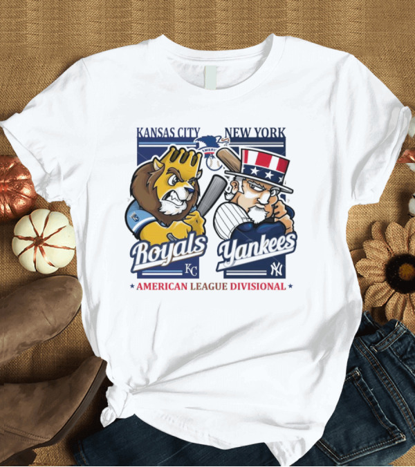 T-Shirt: Kansas City Royals New York Yankees American League Divisional 2024 Mascots T-Shirt Kansas City Royals New York Yankees American League Divisional 2024 Mascots T-Shirt