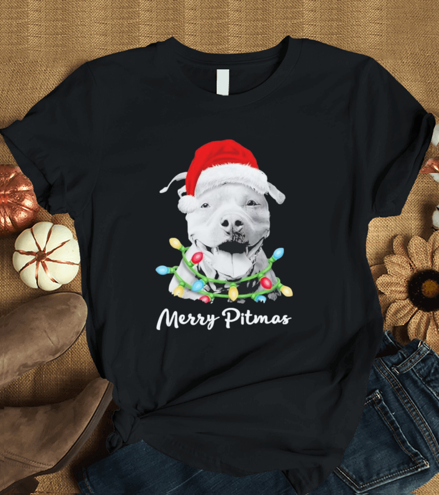 Merry Pitmas Santa Hat Pit Bull Christmas Lights T-Shirt