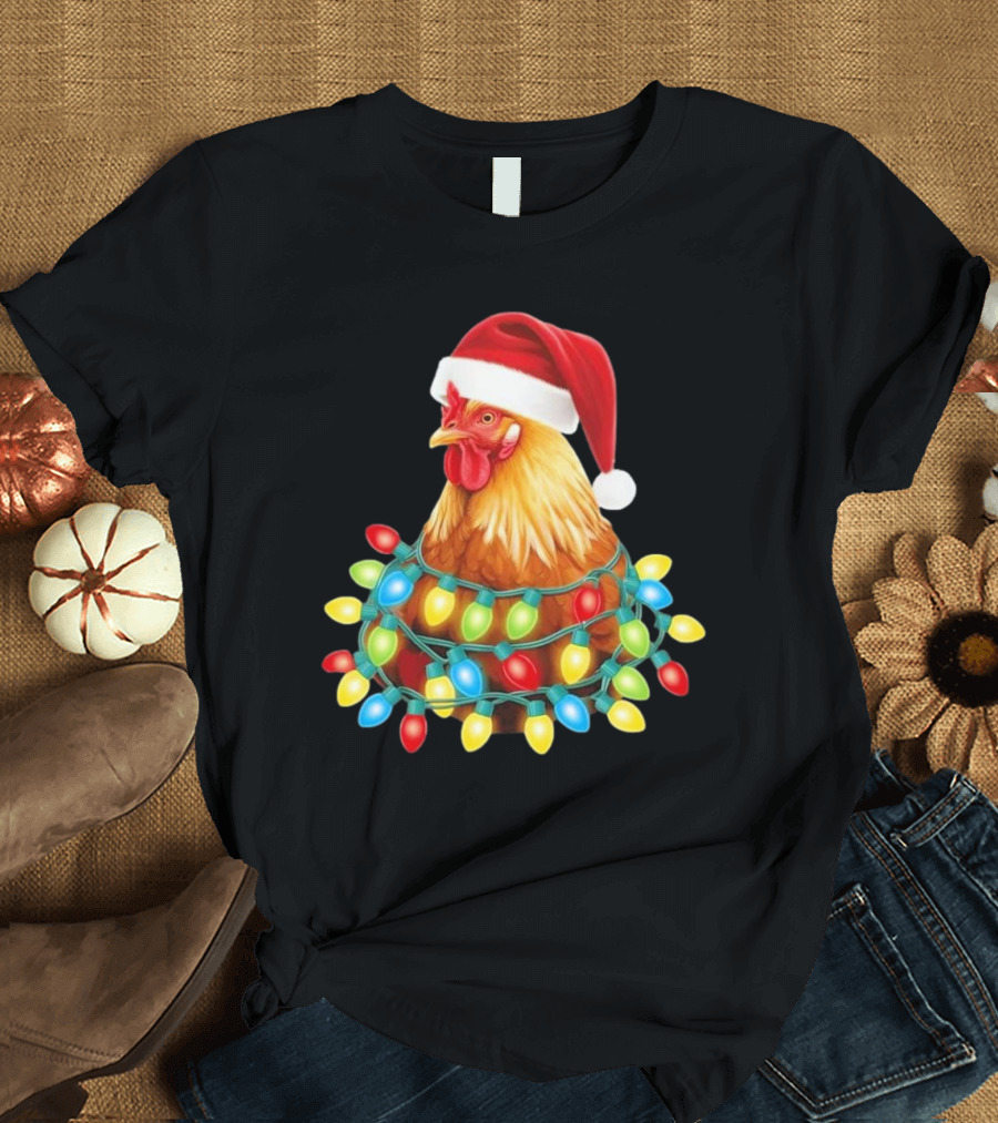 Santa Chicken Christmas Lights Festive Hilarious T-Shirt
