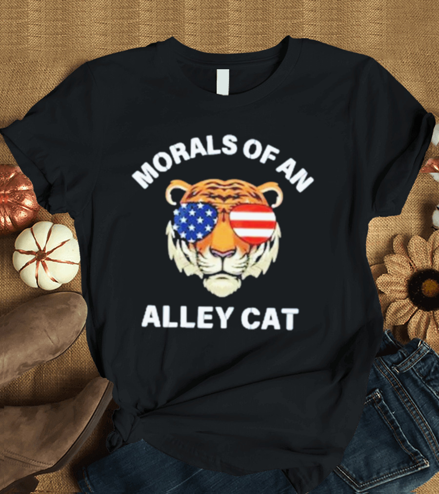 Morals Of An Alley Cat Tiger with American Flag Sunglasses T-Shirt