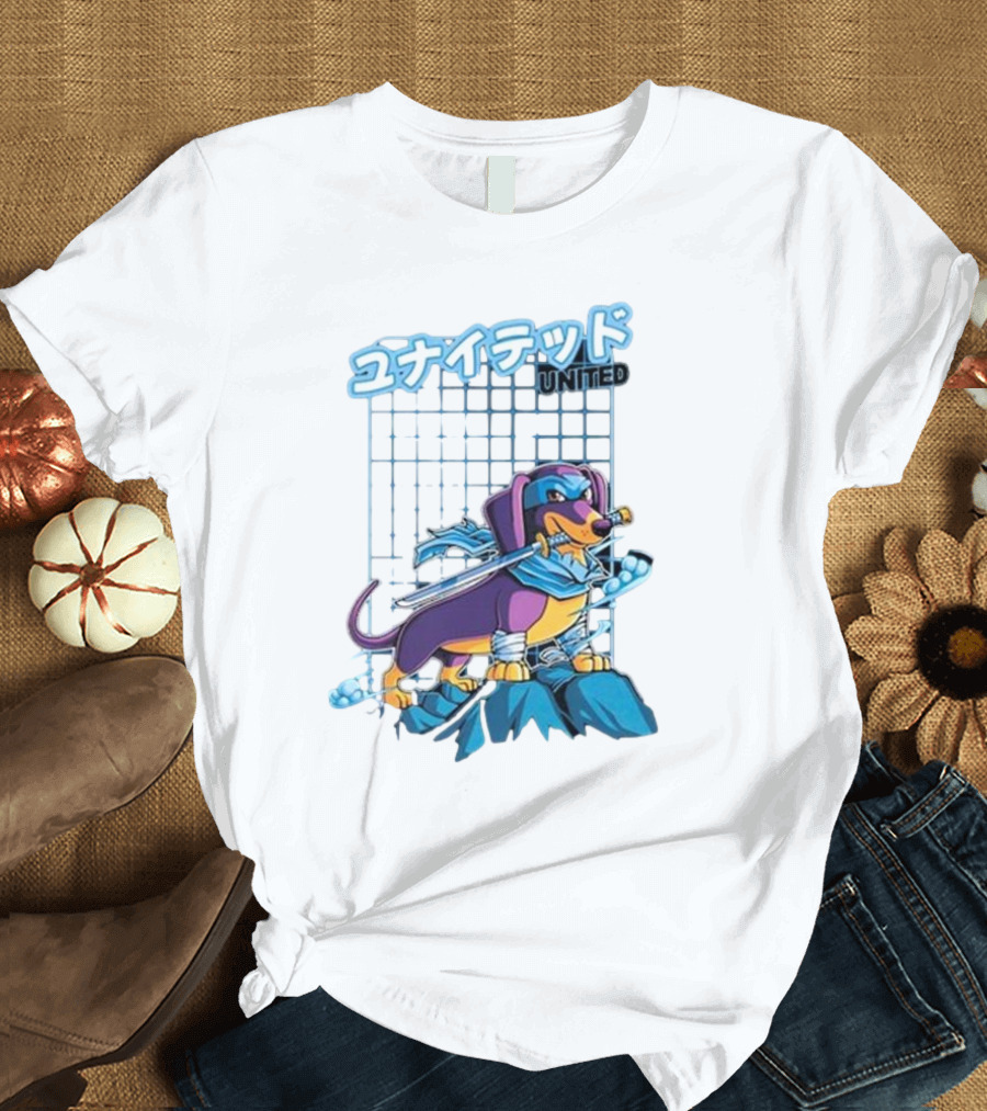 Dylan United Unitedgamer Bumi Ninja Dog on Rock with Sword and Blue Scarves T-Shirt