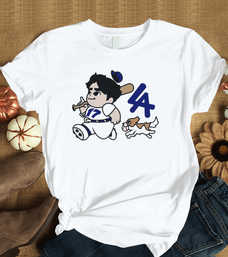 Chunkytani 10oz Fleece LA Baseball Player with Bat and Dog T-Shirt