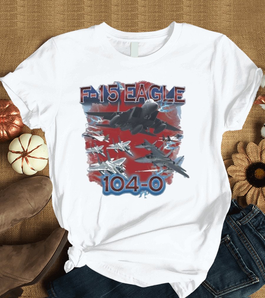 F-15 Eagle 104-0 Jet Aircraft Formation with Lightning and Red Backdrop T-Shirt