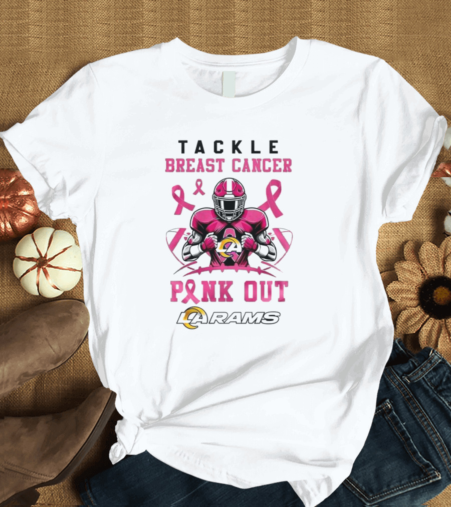 Los Angeles Rams Tackle Breast Cancer Pink Out 2024 Pink Ribbon Football Player T-Shirt