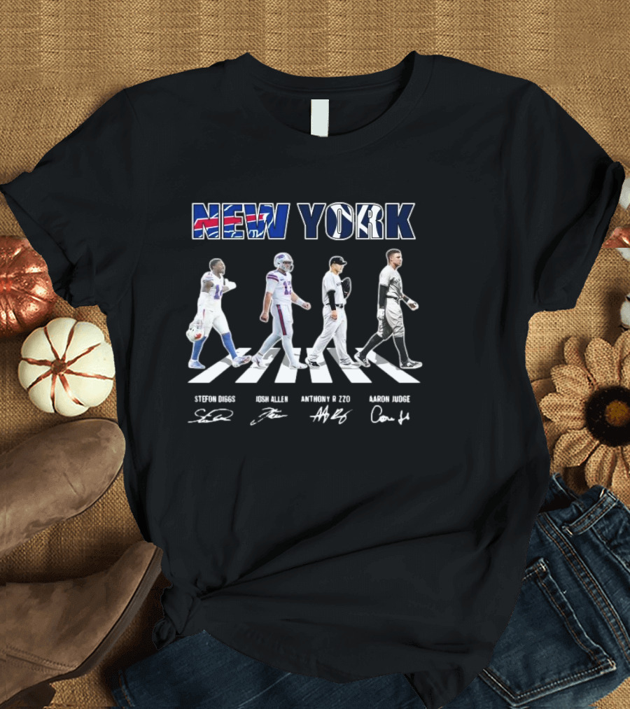 New York Teams Buffalo Bills Yankees Stefon Diggs Josh Allen Anthony Rizzo Aaron Judge Walking Signatures T-Shirt