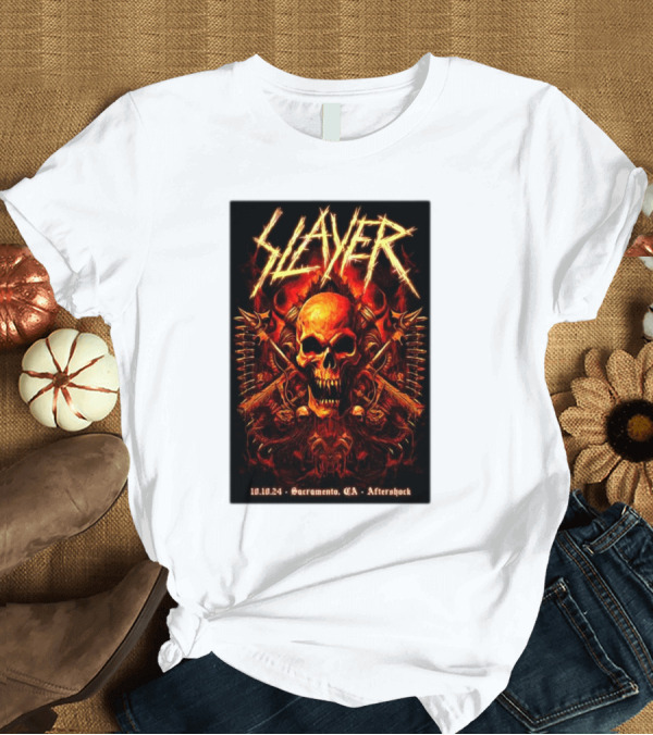 T-Shirt: Slayer Aftershock Tour Sacramento CA October 10 2024 Skull and Crossed Swords T-Shirt Slayer Aftershock Tour Sacramento CA October 10 2024 Skull and Crossed Swords T-Shirt