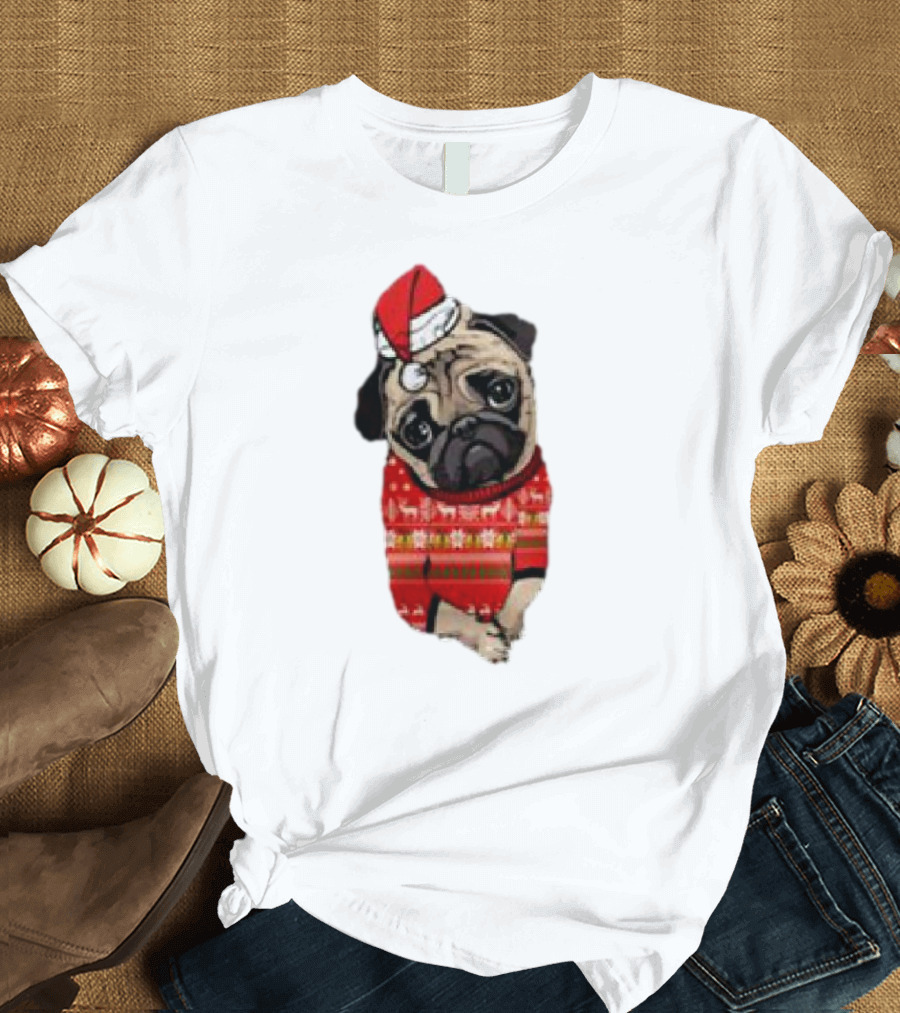 Lovely Pug Christmas Sweater Santa Hat Holiday T-Shirt
