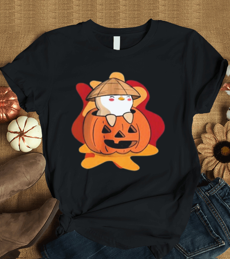 Pudgy Pumpkin Halloween 2024 Whimsical Mushroom Penguin Inside Jack-o'-Lantern T-Shirt