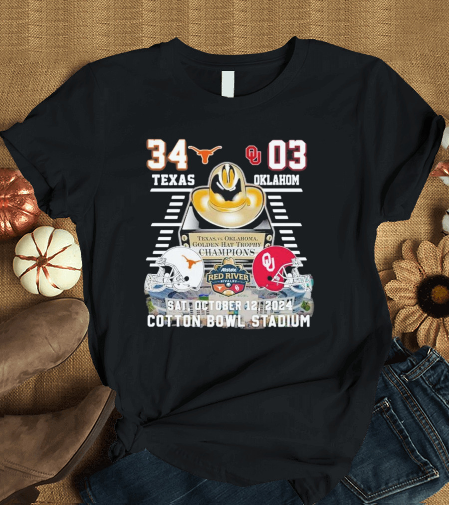Texas vs Oklahoma Red River Showdown 2024 Golden Hat Trophy Champions Cotton Bowl Stadium October 12 T-Shirt
