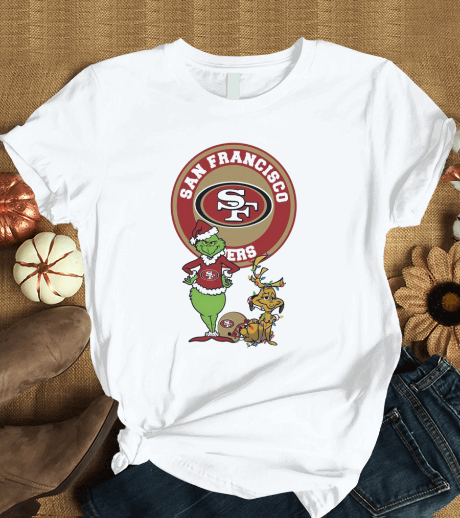 Grinch And Max San Francisco 49ers Merry Christmas 2024 Football Fan Holiday T-Shirt