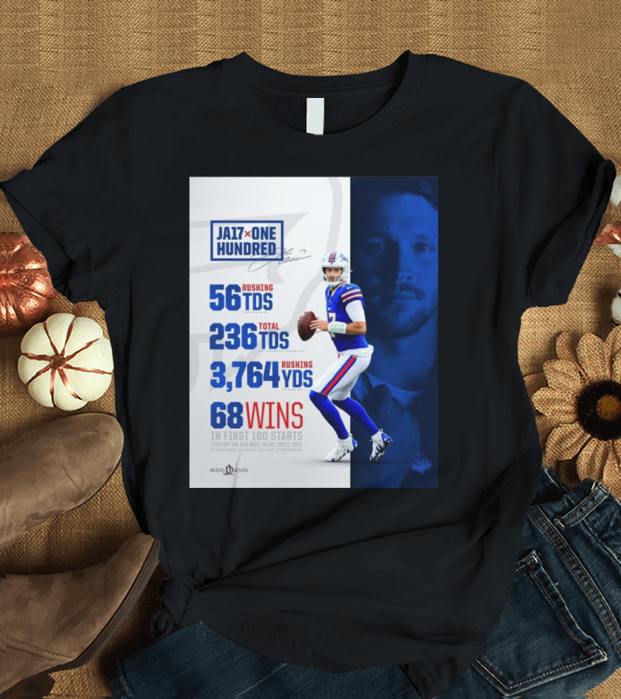 JA17 One Hundred 68 Wins First 100 Starts 56 Rushing TDs Buffalo Bills NFL Record Ties 6th Most Since 1950 T-Shirt